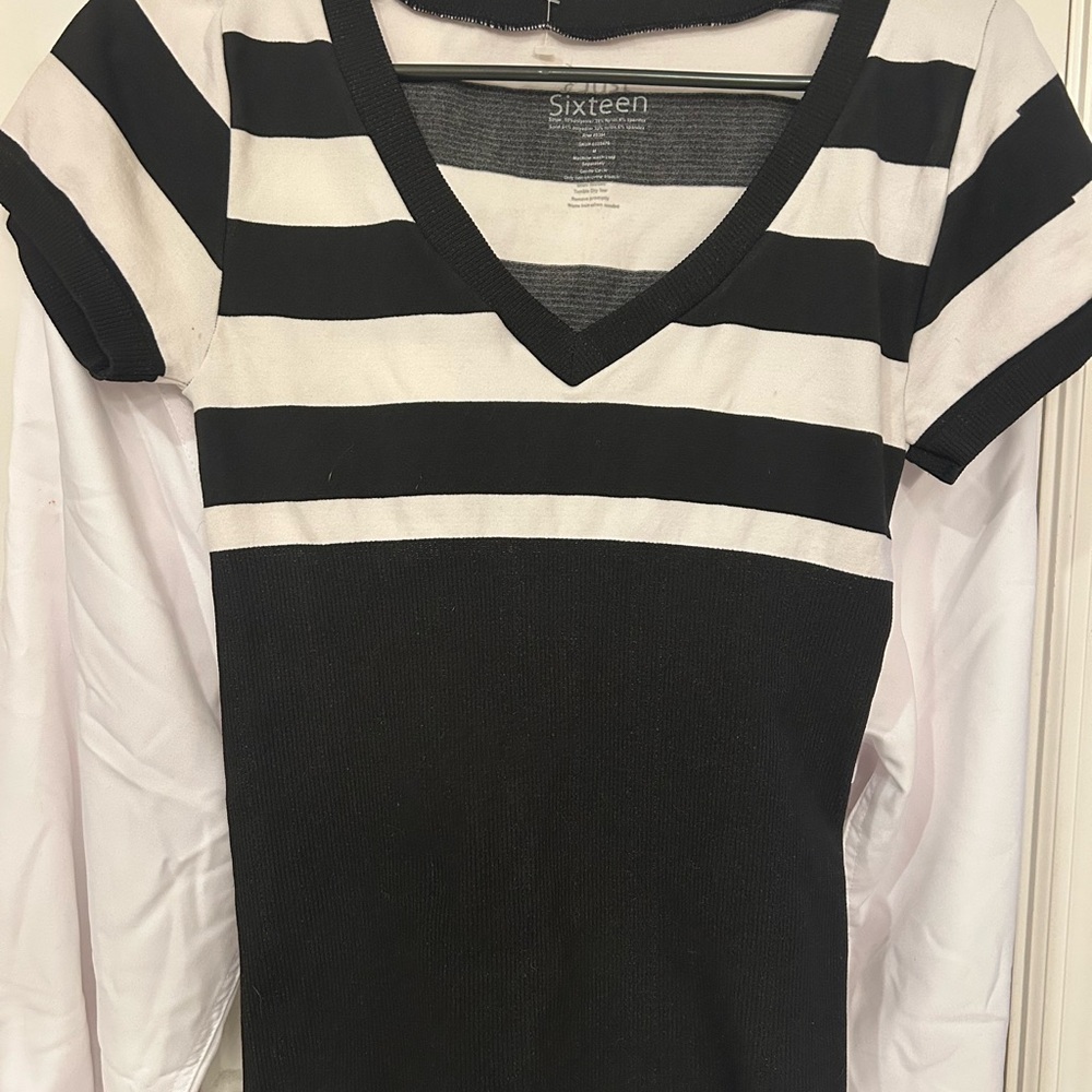 3sixteen Black and White Striped V-Neck Short Sleeve Top